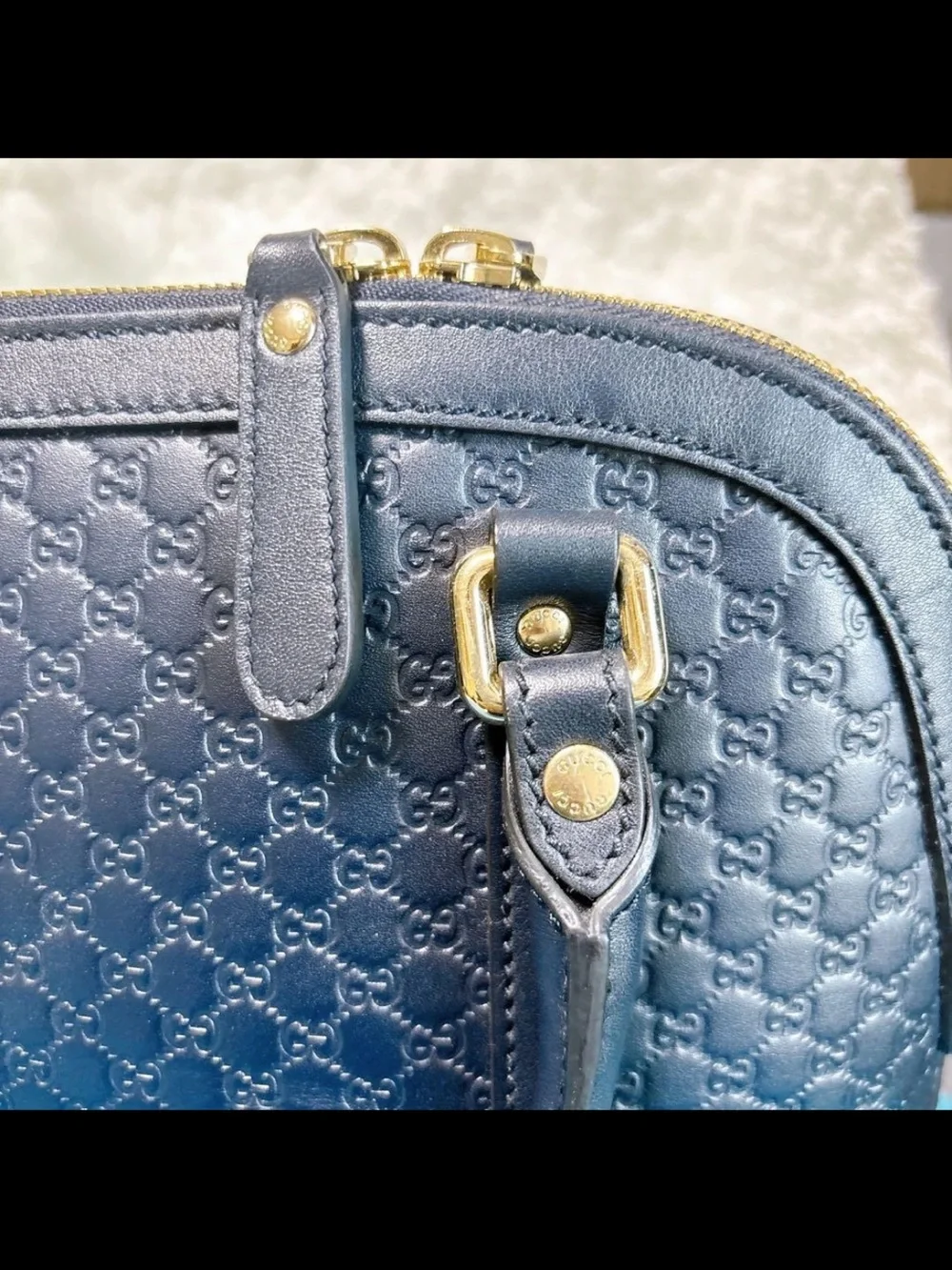 Gucci Navy Embossed GG Dome Satchel with Gold Hardware